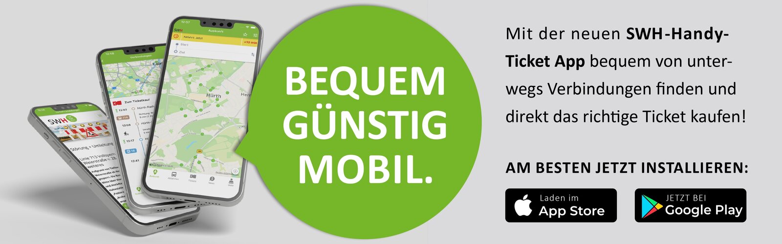 SWH-Werbebanner für die HandyTicket App mit drei Smartphones und App-Downloadhinweisen für App Store und Google Play.
