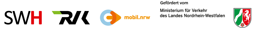 Logos der SWH, RVK, mobil.nrw und "Gefördert vom Ministerium für Verkehr des Landes Nordrhein-Westfalen"